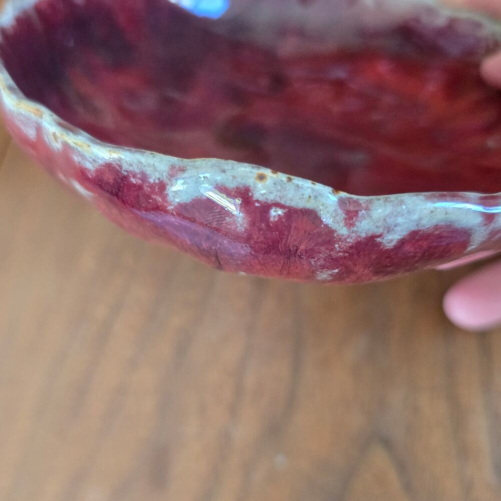 Studio Art Pottery Red Bowl Gray Drip Rim Glazed Classic Rustic Earthy Boho - Picture 4 of 10